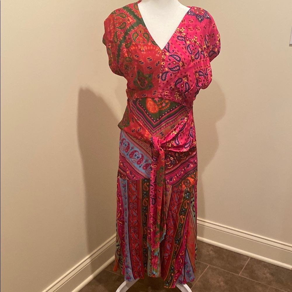 Farm Rio Red and Pink Midi Dress with Flutter Sleeves